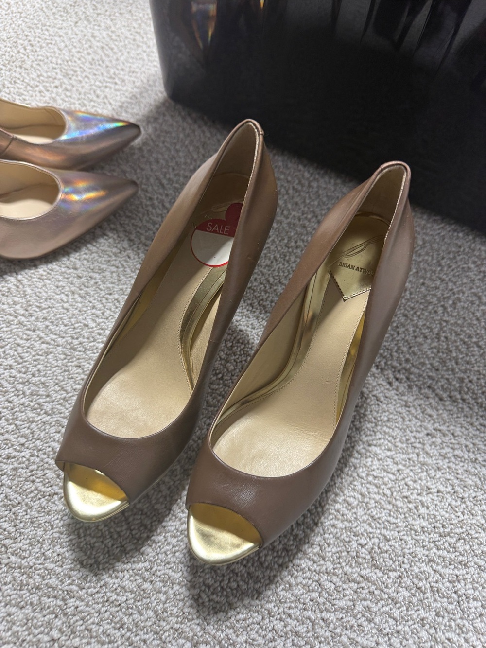 Brian Atwood Women's Brown Peep-Toe Pumps with Gold Accent